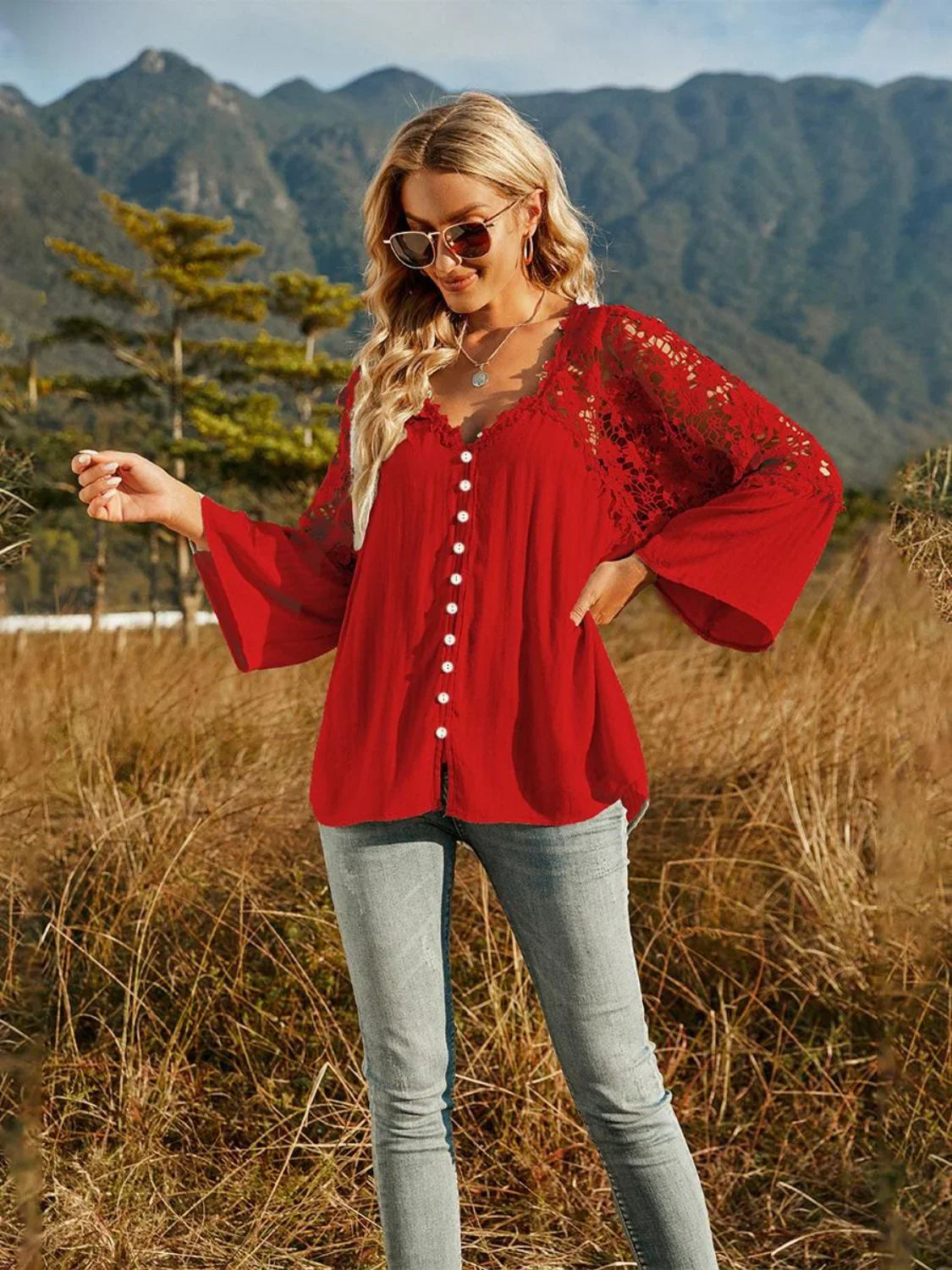 Spliced Lace Buttoned Blouse - VILLA FASHION